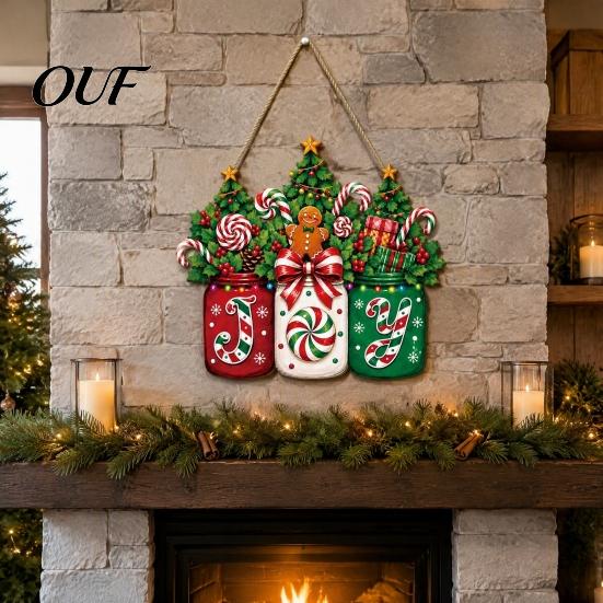 Wooden Hanging Decor for Christmas Door Sign, Gingerbread Candy Joy Wreath, Mason Party Hanger Jar Welcome Sign Front Door, Wall, Window, Porch