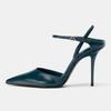 Novelty Dark Blue Patent Leather High Heels Women Fashion Pointed Toe Ankle Buckle Stiletto Sandals Luxury Designer Dress Shoes