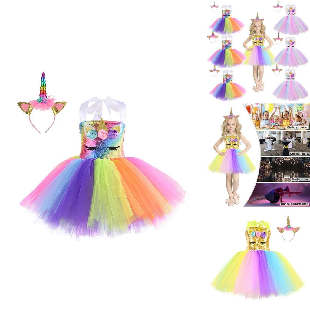 Unicorn Cosplay Girls Dress With Rainbow Pattern For Halloween Party