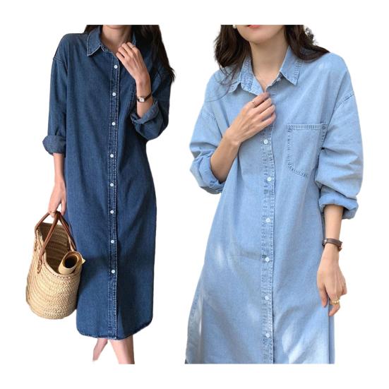 Женское джинсовое платье-рубашка с длинным рукавом и пуговицами, летнее повседневное свободное джинсовое платье с карманом