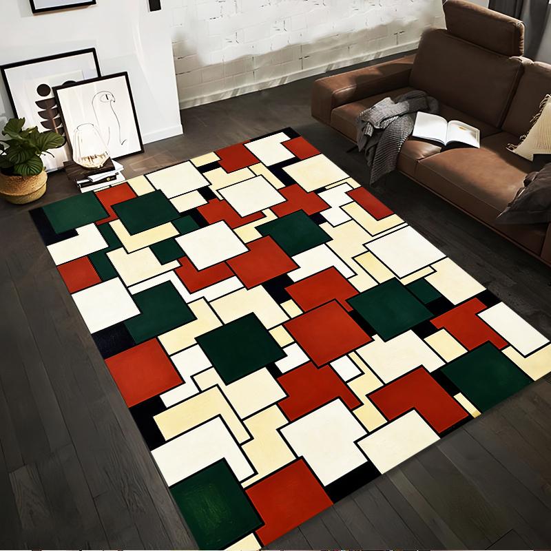 Modern Geometric Pattern Carpet with Red, Green, White Squares Design Suitable for use as an anti-slip for living room bedroom sofas