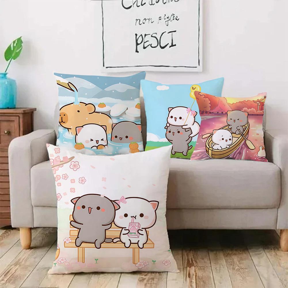Kawaii Cute Peach Mochi Cat Pillow Covers Cartoon Sofa Decorative Home Double-Sided Printing Short Plush Cute Cushion Cover
