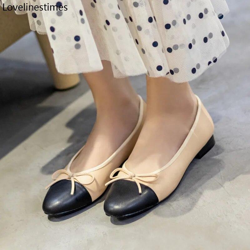 Ballet Flats Classic Shoes Women Basic 2024 Leather Tweed Cloth Two Color Splice Bow Round Ballet Shoe Fashion Flats Women Shoes