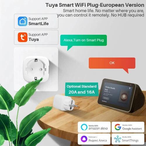 Умная вилка Tuya WiFi/ZigBee EU 16A/20A Сверхмощная розетка с монитором мощности, таймером, дистанционным голосовым управлением для водонагревателя, кондиционера, бытовой техники