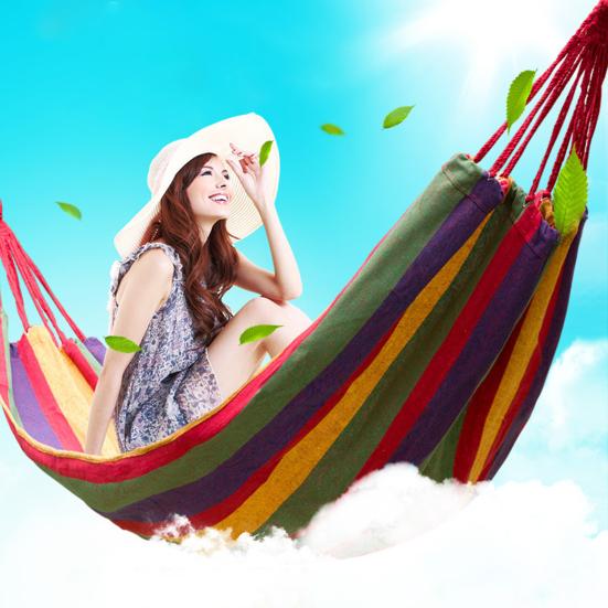 Уличный холщовый гамак с ремнем для переноски Портативный Сверхпрочный Одноместный Двухместный Кемпинг Сад Патио Балкон Веранда Задний двор Цветная полоска