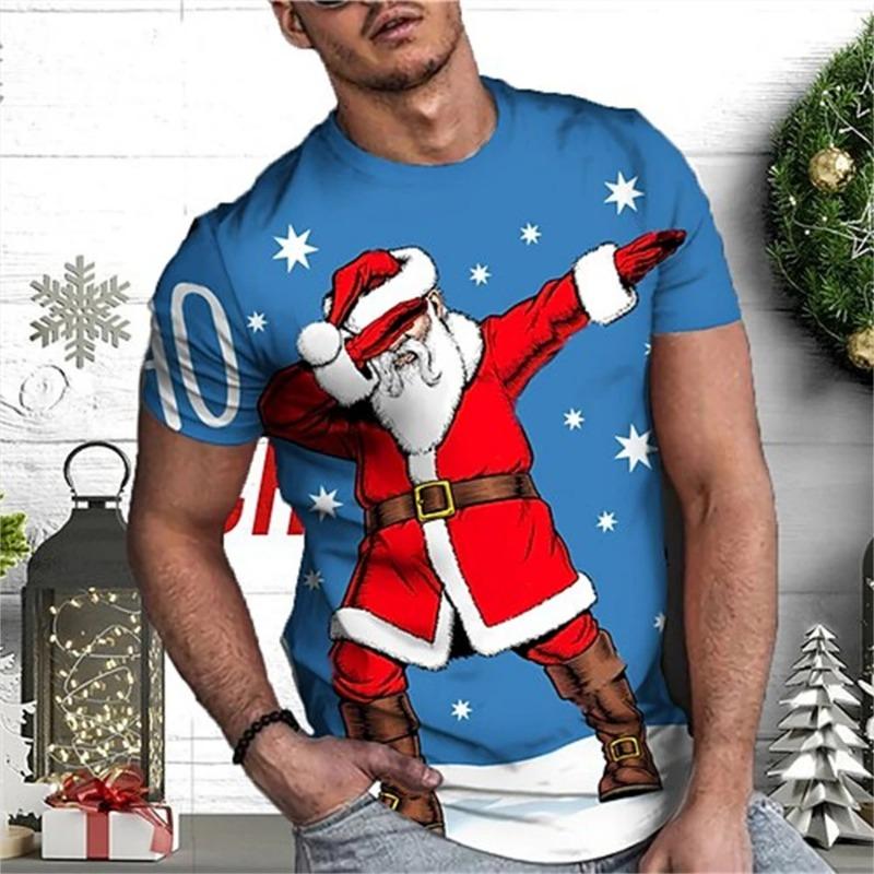 Men's Summer Christmas Print 3dt Shirt O Collar Short Sleeve Santa Claus Holiday Party Casual Loose Plus Size Top Clothing T-Shirts Men’s
