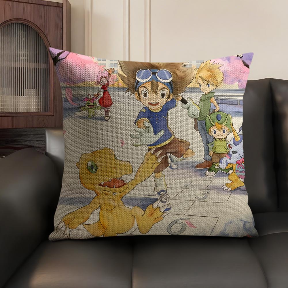 Anime DDigimon AAdventure Cushion Cover Natural Linen Organic Fabric DoubleSided Printing Sofa Home Decor Gift Pillow Case