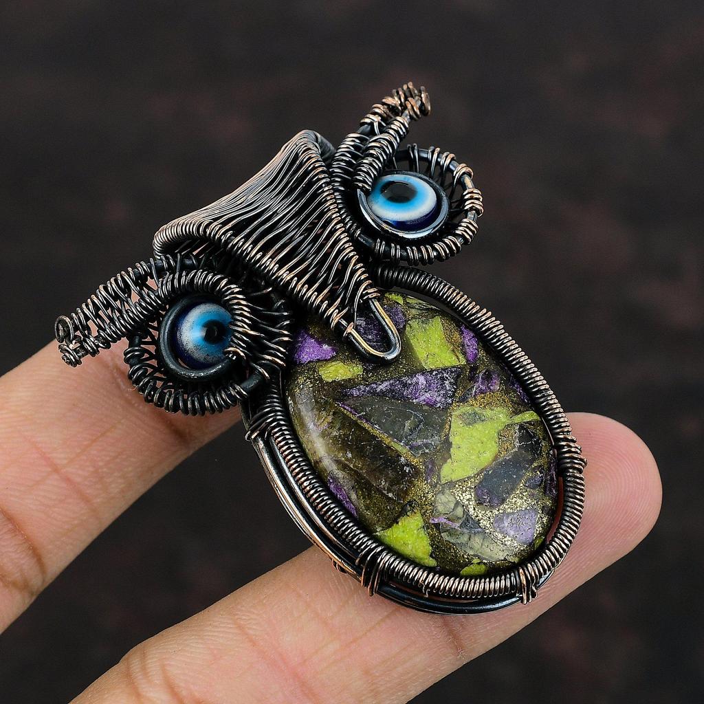 Подвеска из медного драгоценного камня стихтит, подвеска из медной проволоки, медные украшения, подвеска синего цвета от сглаза, подвеска ручной работы в виде совы, рождественский подарок