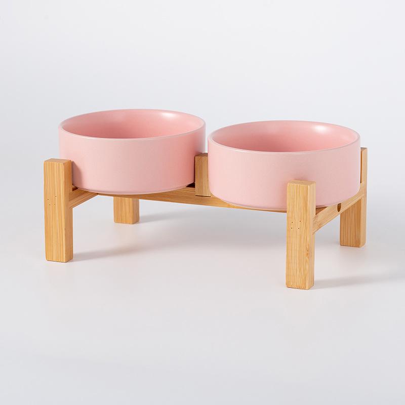 Керамическая миска для корма домашних животных с приподнятой бамбуковой подставкой - Антиопрокидывающаяся конструкция для собак и кошек, Защищает шейный отдел позвоночника