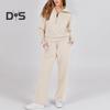 2 Pcs/Set Fall Winter Coat Trouser Suit Lapel Solid Color Thick Loose Solid Color Zipper Decor Long Sleeve Wide Leg Drawstring Elastic Waist Lady