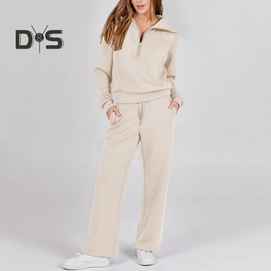2 Pcs/Set Fall Winter Coat Trouser Suit Lapel Solid Color Thick Loose Solid Color Zipper Decor Long Sleeve Wide Leg Drawstring Elastic Waist Lady