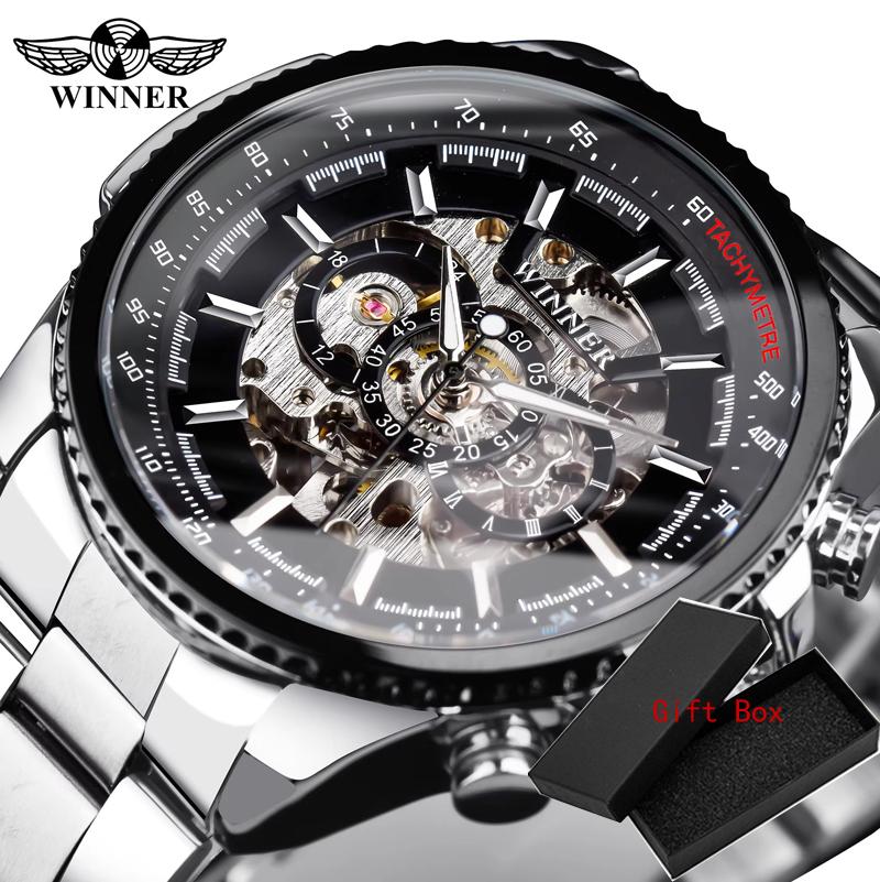 Fashion Winner Top Brand Automatic Mens Skeleton Automatic Mechanical Waterproof Full Stainless Steel Men's Business Watches