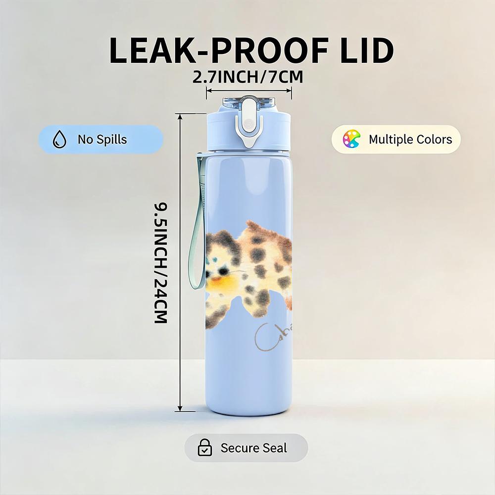 1PC Leopard spot animal minimal print 750ml colorful plastic sports water bottle leakproof pop up lid with straw for outdoor work home use