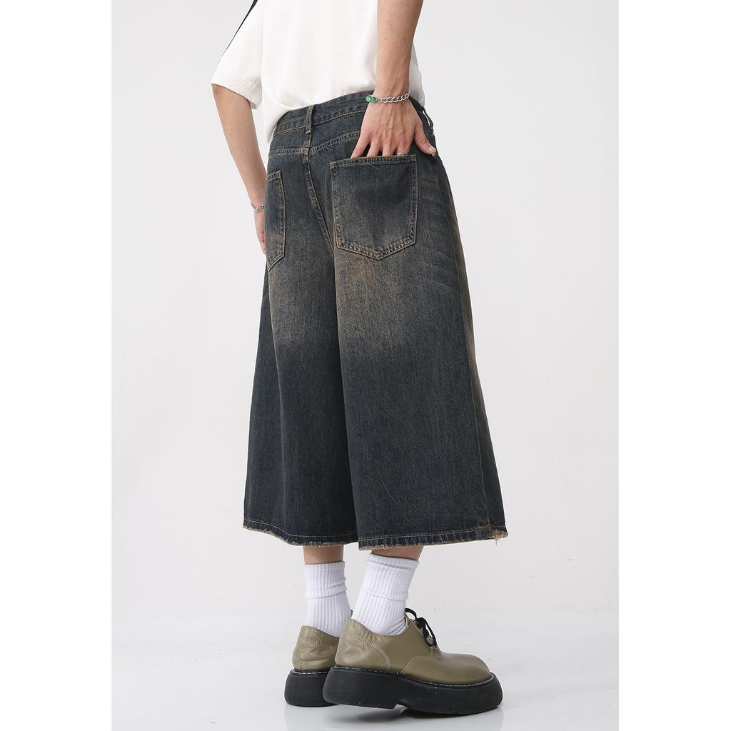 Men's Summer New Product Korean Loose Wide Leg Retro Distressed Flared Cropped Pants