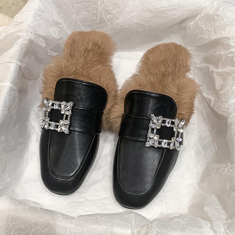 Модные зимние тапочки Aphixta с квадратной хрустальной пряжкой, из натурального меха, женские мюли, пушистая обувь, квадратный носок, средний каблук 4,5 см, современные шлепанцы черного цвета