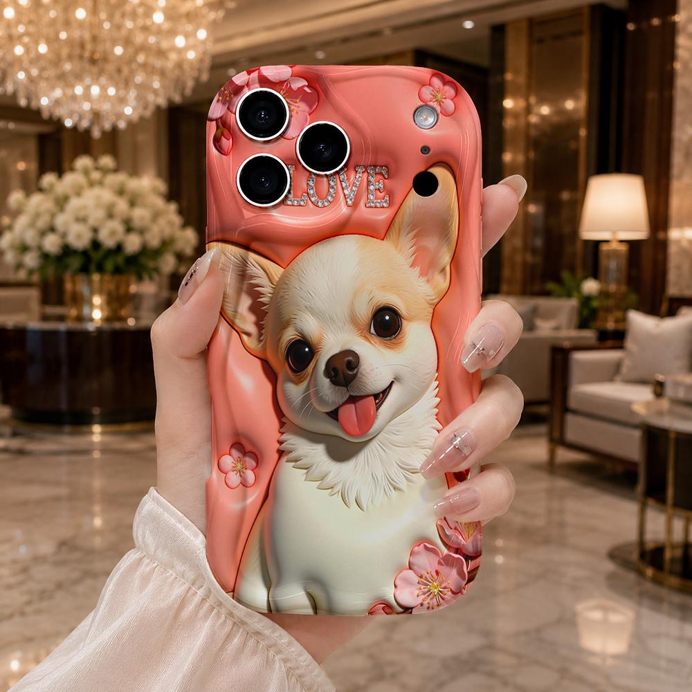 Chihuahua Cherry Blossom LOVE Rhinestone Wavy Edge Phone Case For iPhone 16 15 14 Pro Max 13 12 11 Mini XR XS SE 2020 7 8 Plus Air Cover
