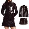 Spring and Autumn Red-brown Two-sided Jacket Short Skirt Suit Street Motorcycle Style Pu Leather Skirt Suit