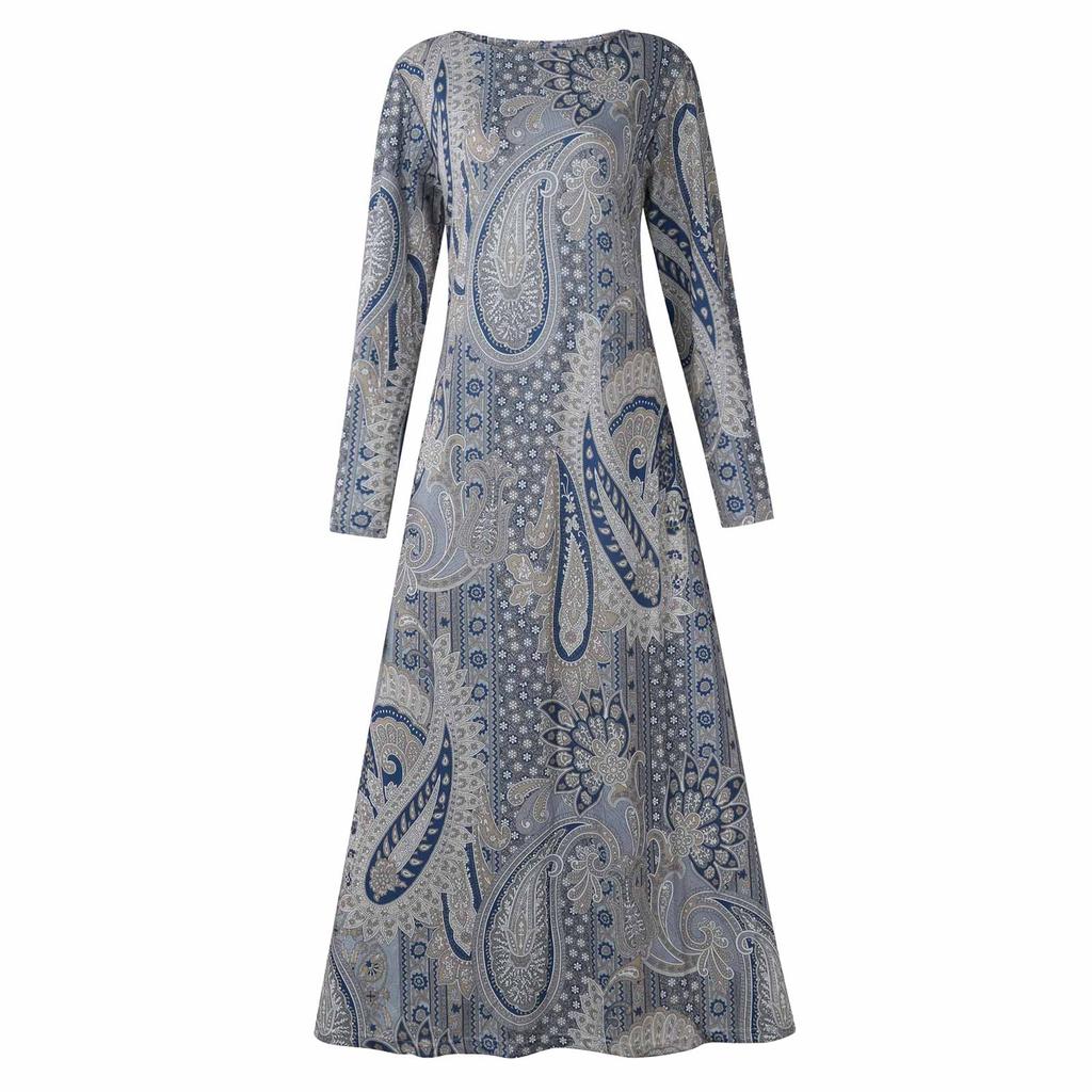 Women's Autumn And Winter Dress O-Neck  Long Sleeve Digital Print Round Neck Long Sleeve  Dress