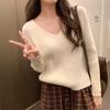 Korean Style V-neck Solid Color Lazy Style Long-sleeved Sweater for Women Autumn and Winter New Slim Short Style Inner Base Layer
