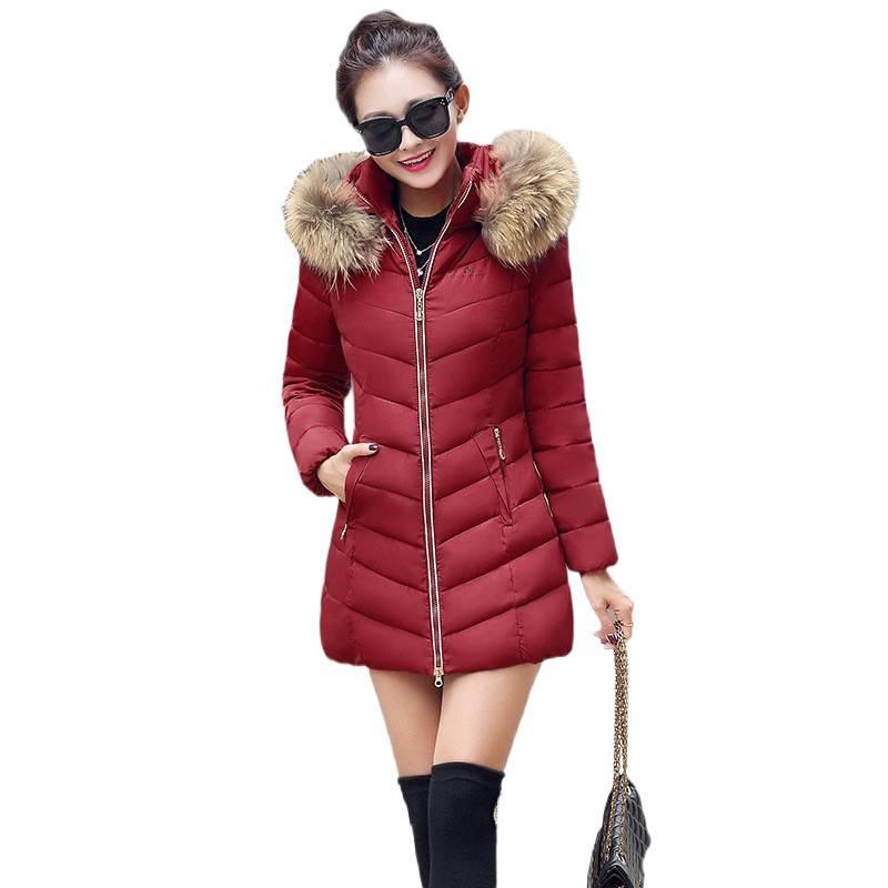European Winter Mid-Length Women's Coat with Large Fur Collar and Hood for Cold Protection