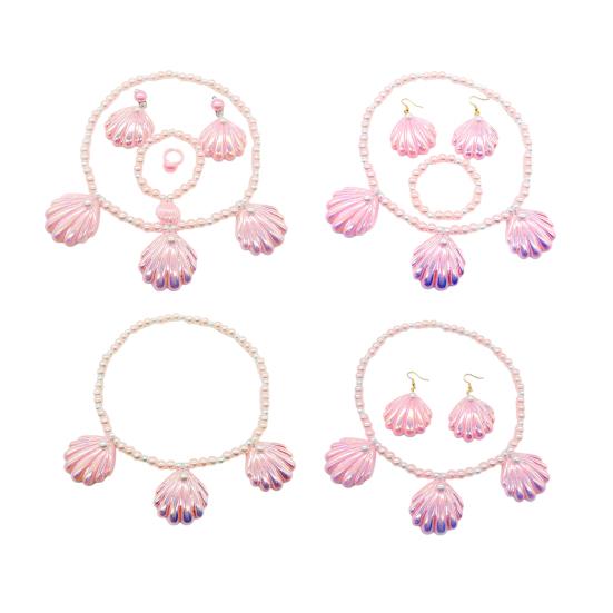 1 комплект, розовый с ожерельем, комплект ювелирных изделий в форме русалки, браслет из искусственного жемчуга, зажим для ушей, экологически чистое ожерелье из ракушки
