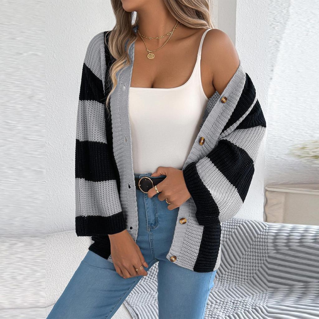 Women's Contrast Striped Flared Sleeve Cardigan Long Sleeve Sweater