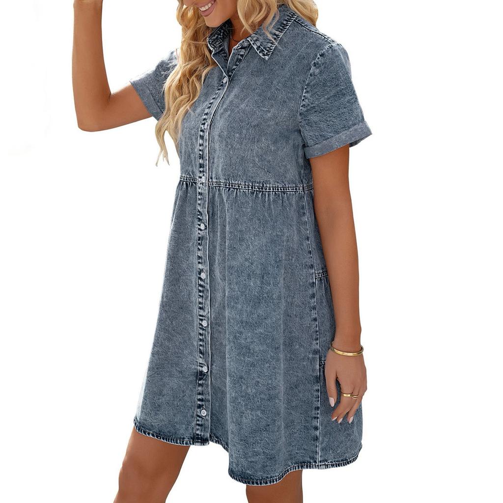 Fashion Womens Summer Sexy Button Cuff Short Sleeve High Waist Denim Dress