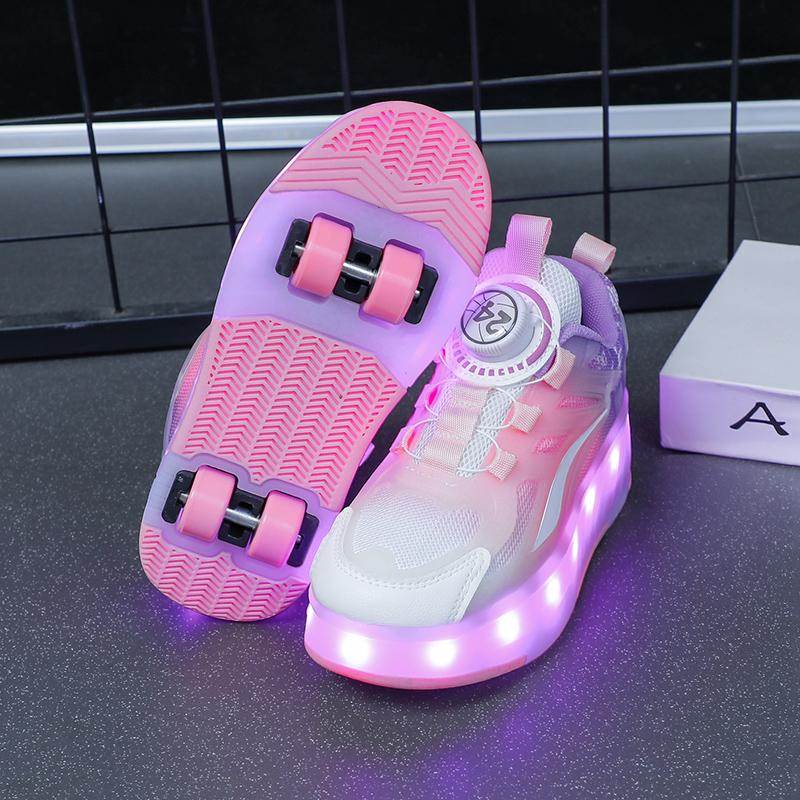 Четырехколесные новые сетчатые светодиодные прогулочные туфли с вращающейся кнопкой детские роликовые коньки обувь для девочек прогулочные туфли для мальчиков