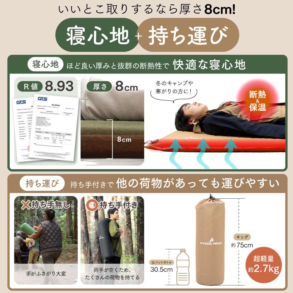 PYKES PEAK Кемпинговый коврик Надувной коврик 8 см Замшевая подкладка Просторный автомобильный спальный коврик Сумка для хранения в комплекте Ремонтный лист в комплекте Надувной коврик, который можно