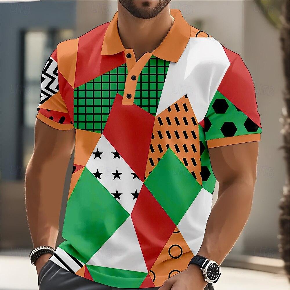 Casual Short-sleeve Polo Shirt, Stylish Geometric Print, Great for Everyday Wear