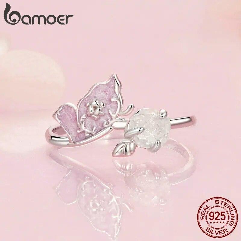 Bamoer, стерлинговое серебро 925 пробы, фиолетовое, пурпурное, эмаль, кольцо с бабочкой, цвет, сменное кольцо с цветком для женщин, ювелирные изделия для вечеринок