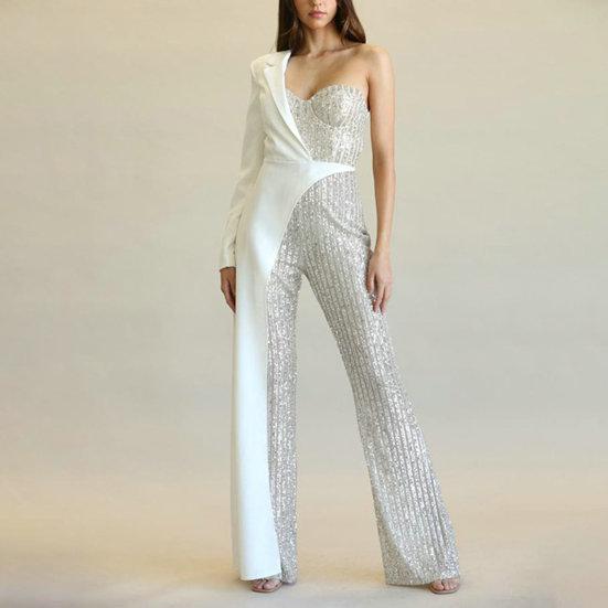 Women Jumpsuit One Shoulder One Sleeve Suit Coat Dress Patchworl Shiny Sequin Asymmetric Color Matching Wide Leg Tight Waist Prom Party Jumpsuit