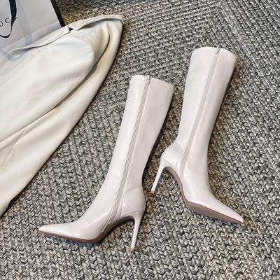 Черные зимние сапоги до колена с острым носком, женские кожаные сапоги, элегантные туфли на каблуке для женщин, длинные весенние сапоги из искусственной кожи