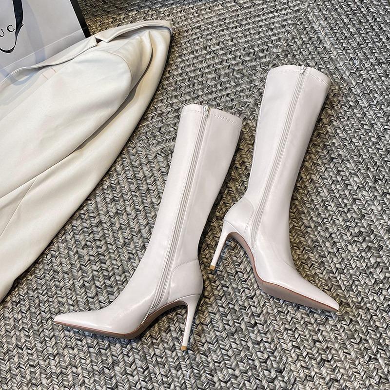 Black Winter Knee High Shaft Heels Pointed Toe Women's Boots Leather Footwear Elegant Heeled Shoes for Woman Long Spring  Pu