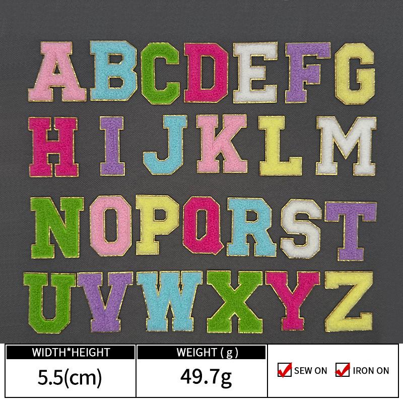 Colorful English Letter Chenille Embroidery Patches Iron on Sew on Garment Alphabet Crochet Patches for Clothing Hat Cap Craft