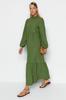 Women's Fashion Casual Standard Sleeve Maxi Green Stand Collar Crinkle Wide Fit Woven Dress
