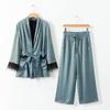 Women's Suits Feathers Pajamas 2 Piece Set Satin Sleepwear Long Sleeve Printed Kimono Jacket Autumn Viintage Pants Home Suits