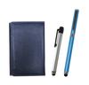 Blue Grained Leather Business Card Holder with Extra Set of Metal Touch Silver Pen and Smartphone Touch Metal Cap Ballpoint Pen (blue