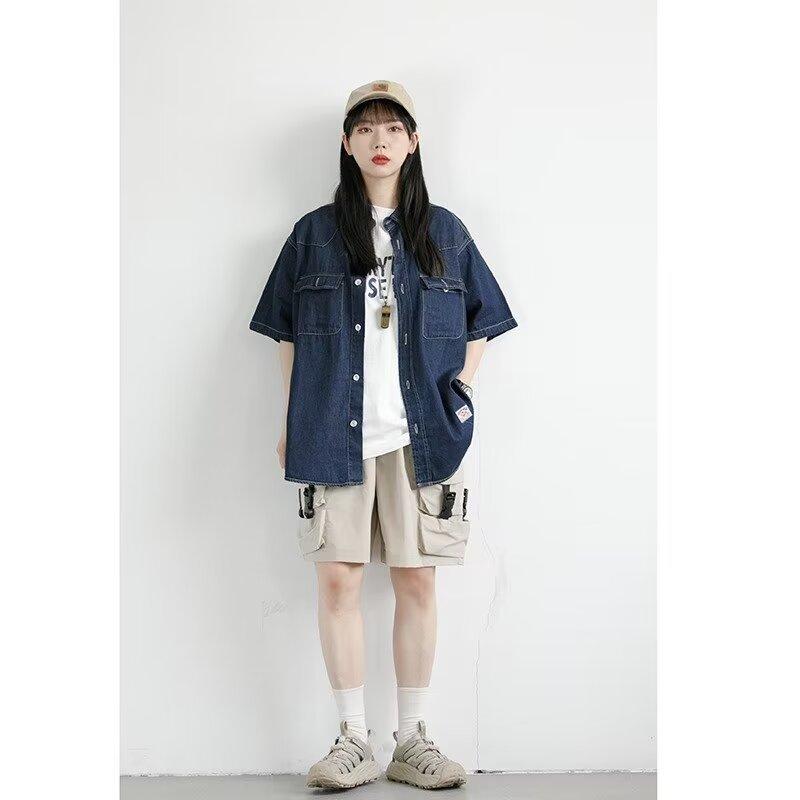 Японский ретро модный бренд летняя свободная джинсовая рубашка с короткими рукавами художественная молодежная рабочая рубашка мужская и женская многослойная куртка