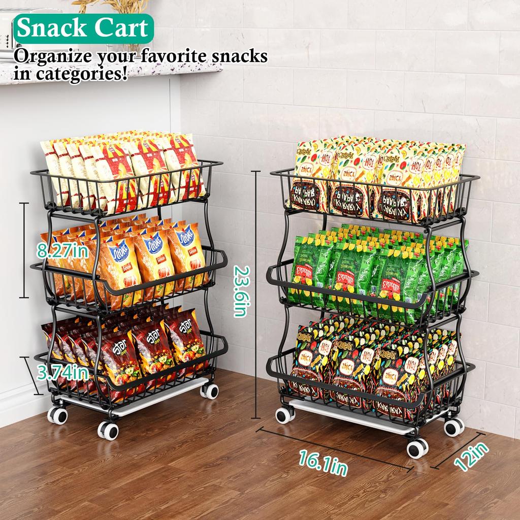 3 Tier Fruit Vegetable Basket,Rolling Pantry Snack Organizer Cart On Wheels for Under Pantry Shelves,Stackable Wire Kitchen Rack