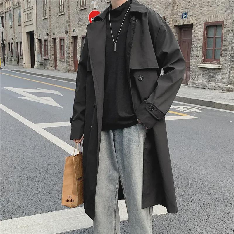 Men's Hong Kong Style Double-Breasted Mid-Length Windbreaker - Handsome Fit, Over-the-Knee Cape, Loose BF Jacket for Spring and Autumn