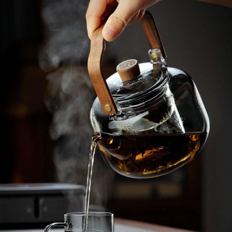 Чайник из высокоборосиликатного стекла с ручкой из грецкого ореха, кипятильный чайник, чайник для кипячения на плите с подъемной дугой