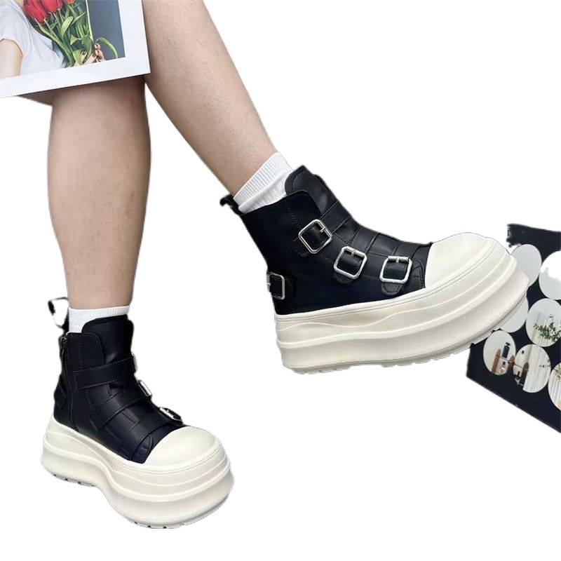 Женские мотоботы в европейском стиле из натуральной кожи с толстой подошвой и пряжкой, увеличивающие рост