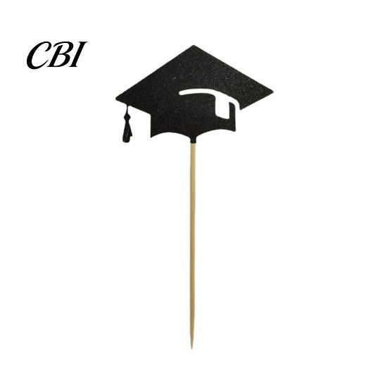 Stiff Wooden Skewer Topper 6 Pcs Graduation Cake Toppers, Mini Grad Cap Cupcake Black Photo-ready Decoration Glitter Food Appetizer Picks for Class of