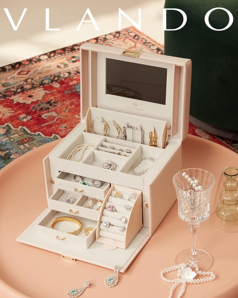 Vlando Шкатулка для украшений, кейс для хранения аксессуаров, большая вместимость, роскошная шкатулка для украшений, подарок, косметичка с зеркалом для серег, ожерелий, колец, аксессуаров, кольцо