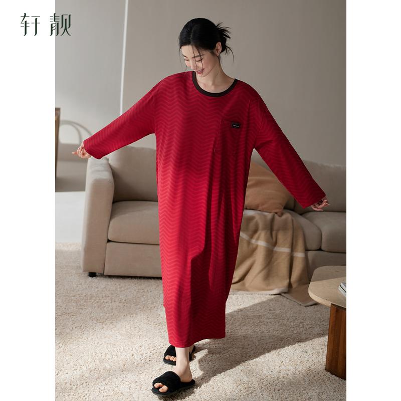 Xuan Pretty Nightgown Women Summer Pure Cotton Long-Sleeved Sleepwear Striped Loose Spring and Autumn Red Wedding Morning Gown Dress