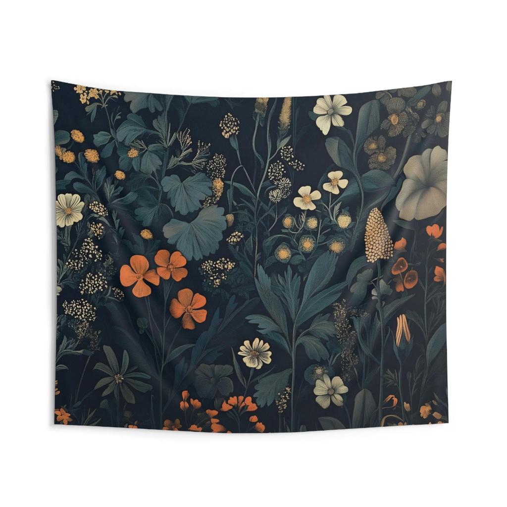 Dark Wildflowers Tapestry Orange Flowers Wall Hanging Cottagecore Wall Cloth Vintage Aesthetic Cloth Hanging Cozy Wall Decor Floral
