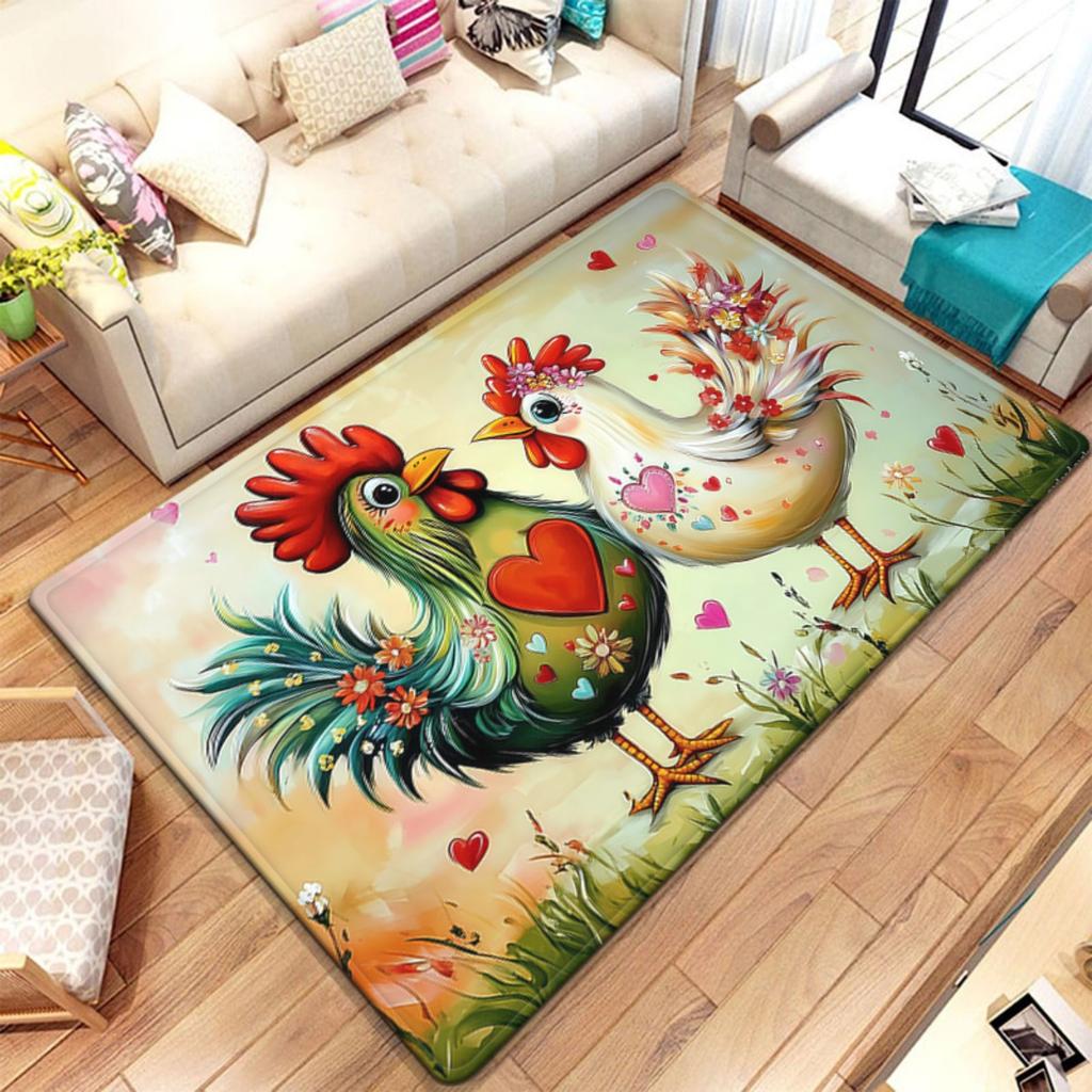 Love Couple Chickens Floral Crystal Velvet Rug Romantic Farmhouse Decor Living Room Floor Mat Cute Animal Print Home Accent