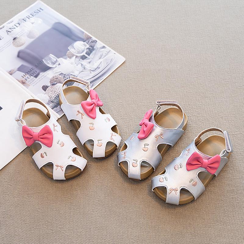 Girls' Summer New Bowknot Closed-Toe Princess Sandals Korean Style Fashionable Versatile Velcro Beach Shoes