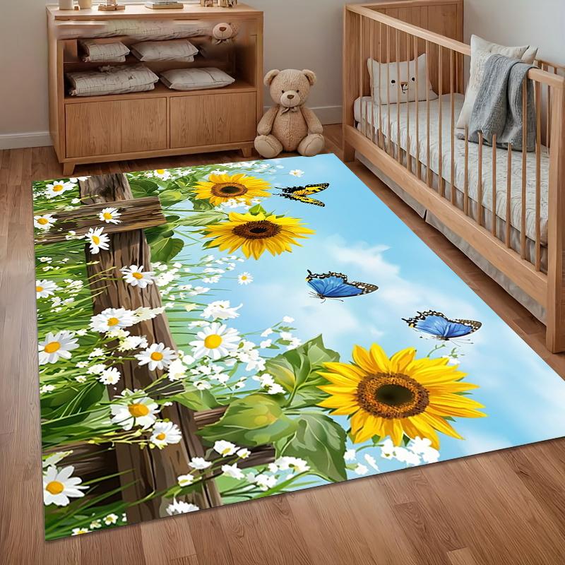 Spring Sunflower Daisy Doormat Soft Non Slip Bedroom Carpet Washable Palymat Butterfly Print for Entryway Garden Decor